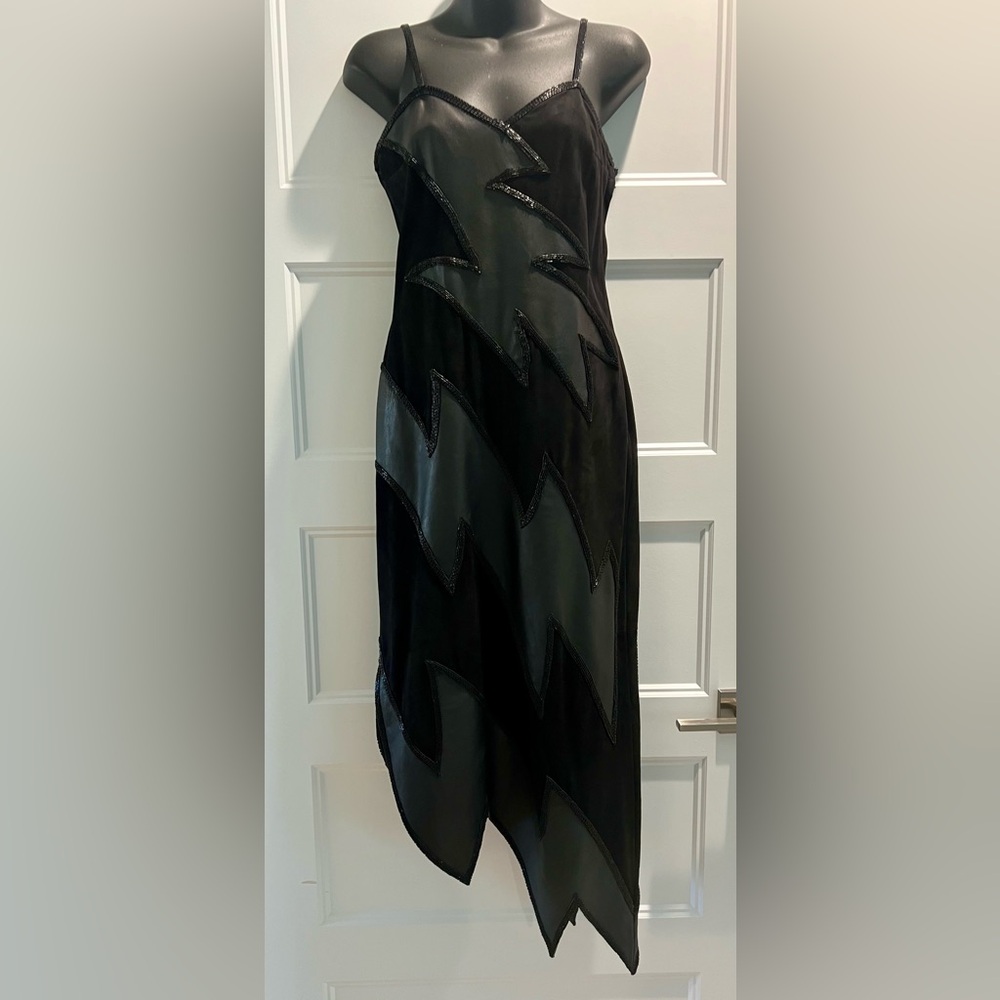Vintage Black Beaded /Leather/Suede Lightning bolt Asymmetrical Dress